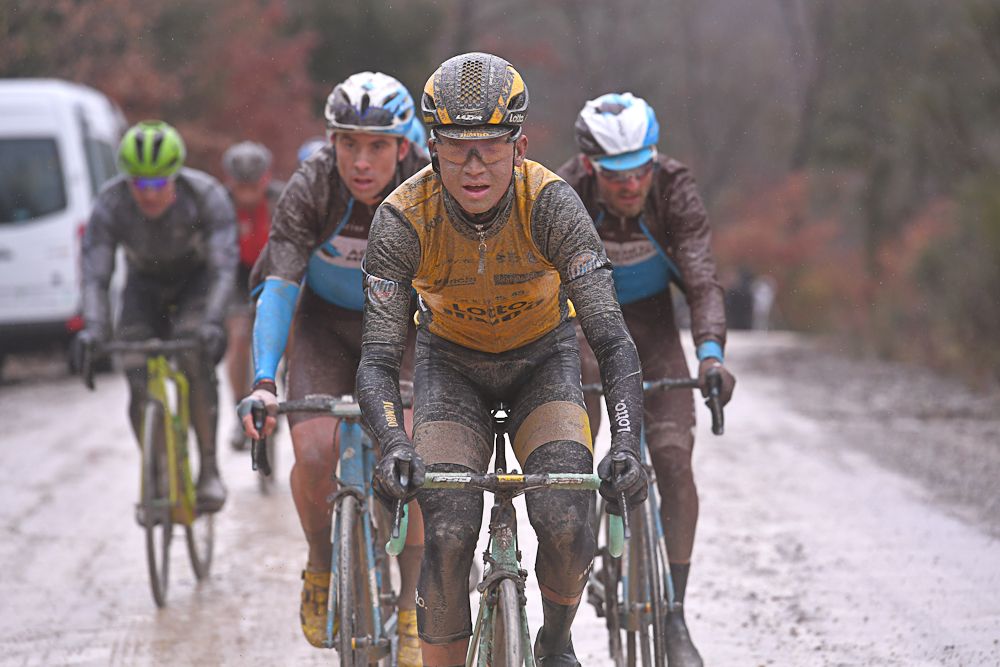 Colorado native Sepp Kuss powers through the mud at Strade Bianche