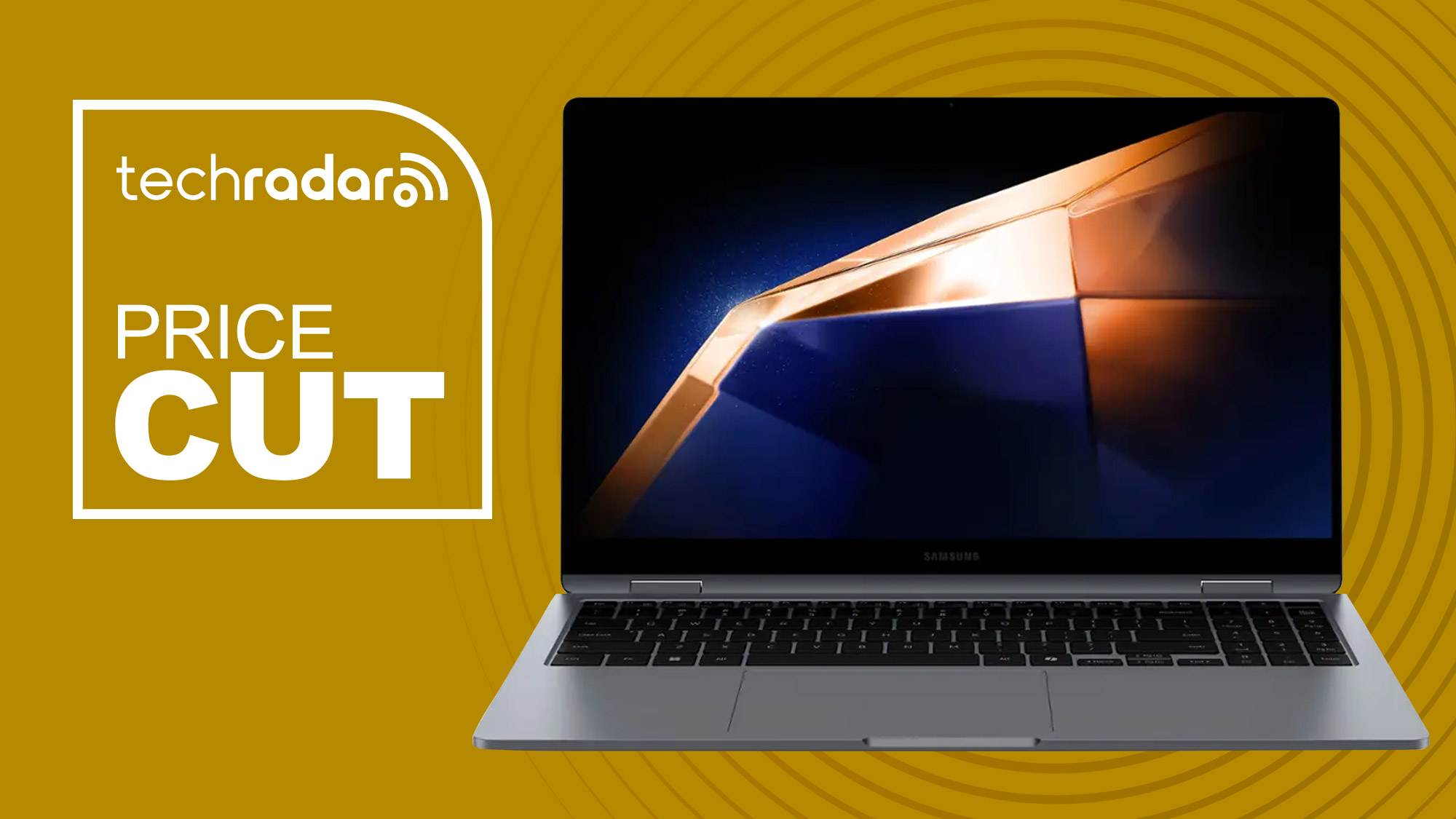 Samsung Galaxy Book4 360 on a yellow background next to text reading 'TechRadar Price Cut'