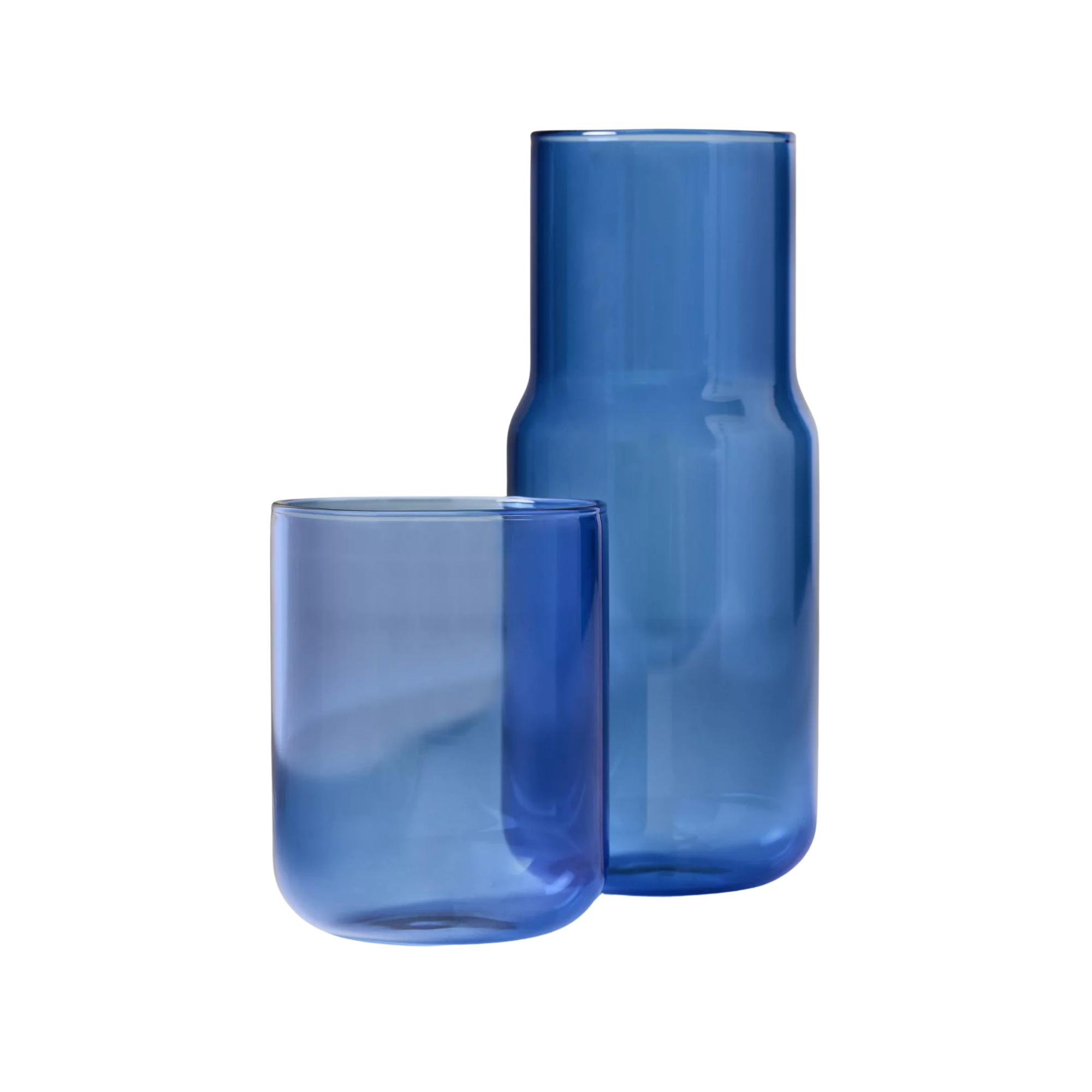 a blue glass and carafe set