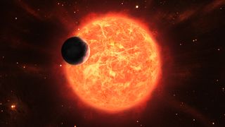 An illustration of a red giant star being orbited by a rocky planet