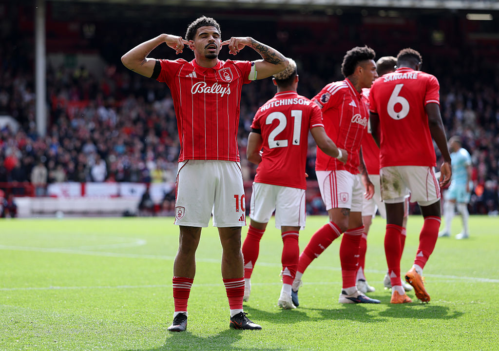 Morgan Gibbs-White celebrates scoring for Nottingham Forest against Burnley at City Ground on April 19, 2026 in Nottingham, England.