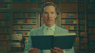 Benedict Cumberbatch staring into the frame in Wes Anderson's The Wonderful Story of Henry Sugar