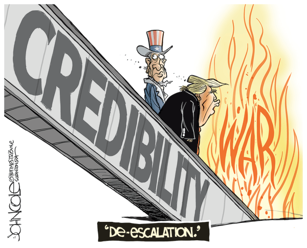 Political Cartoon U.S. Trump Iran deescalation Uncle Sam