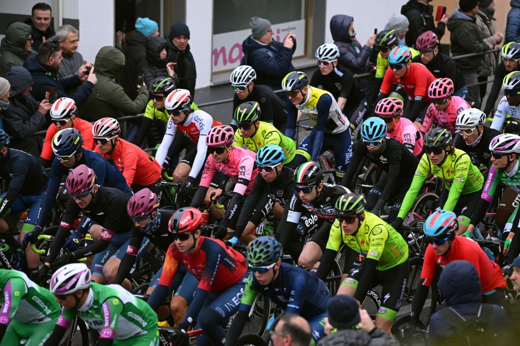 LAIGUEGLIA ITALY MARCH 01 A general view of Lilian Calmejane of France and Team Intermarch Circus Wanty Odd Christian Eiking of Norway and Team EF Education Easypost and the peloton competing during the 60th Trofeo Laigueglia 2023 a 2013km one day race in Laigueglia TrofeoLaigueglia on March 01 2023 in Laigueglia Italy Photo by Dario BelingheriGetty Images
