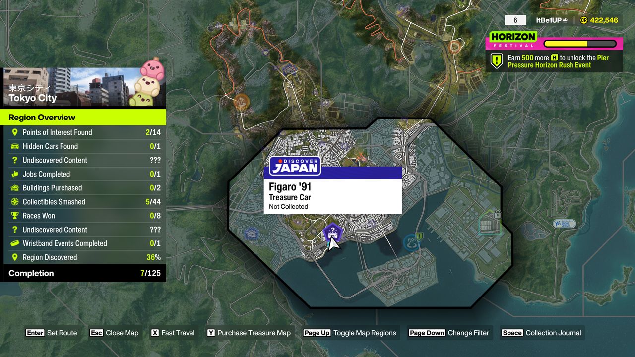 Forza Horizon 6 Treasure Cars: A map with a red circle bringing attention to the location of a Treasure Car in the Tokyo City region.
