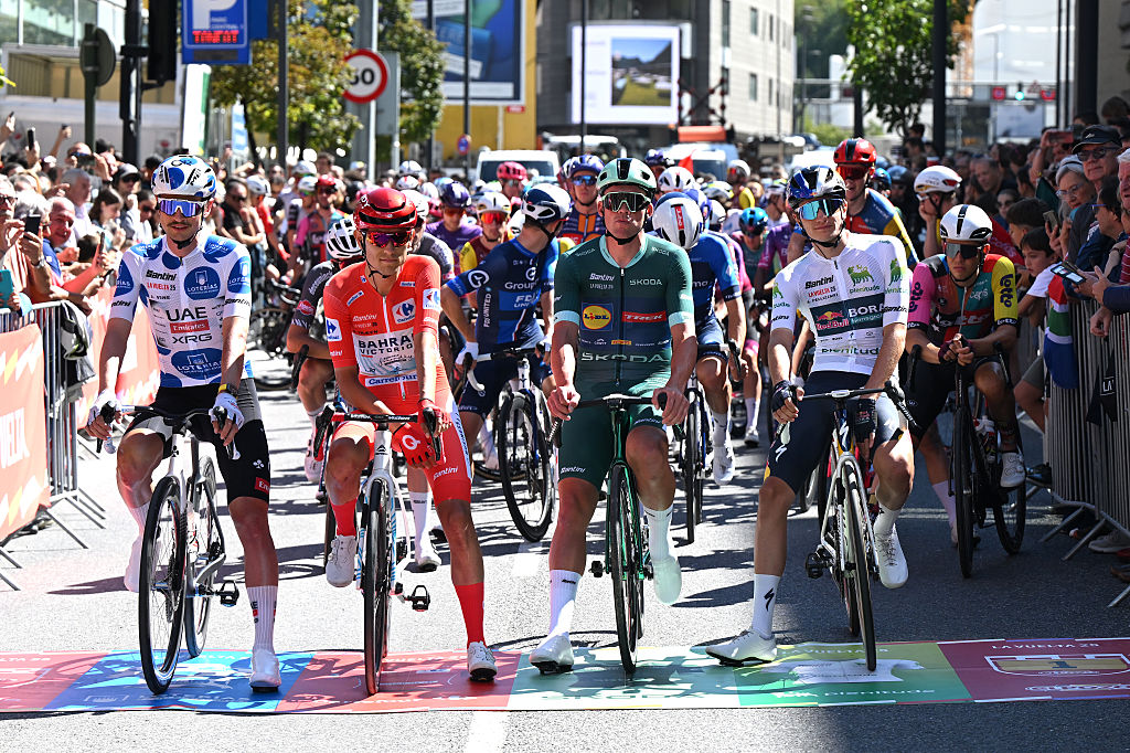ANDORRA LA VELLA, ANDORRA - AUGUST 29: (L-R) Jay Vine of Australia and UAE Team Emirates - XRG - Polka Dot Mountain Jersey, Torstein Traeen of Norway and Team Bahrain - Victorious - Red Leader Jersey, Mads Pedersen of Denmark and Team Lidl - Trek - Green Points Jersey and Giulio Pellizzari of Italy and Team Red Bull - BORA - hansgrohe - White Best Young Rider Jersey prior to the La Vuelta - 80th Tour of Spain 2025, Stage 7 a 188km stage from Andorra la Vella to Cerler. Huesca La Magia 1910m / #UCIWT / on August 29, 2025 in Andorra la Vella, Andorra. (Photo by Dario Belingheri/Getty Images)
