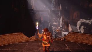 Return to Moria - a dwarf looks out over an underground city