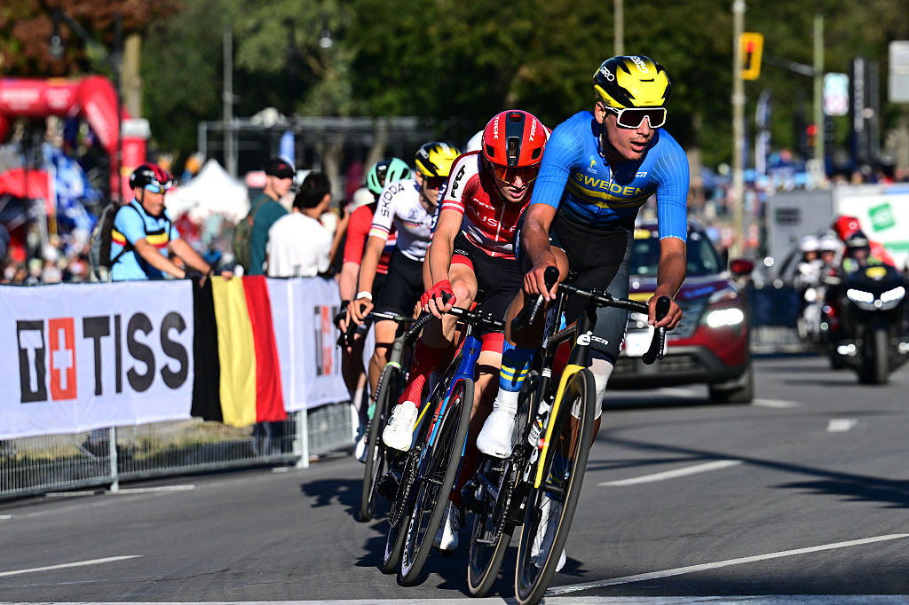 MONTREAL, QUEBEC - SEPTEMBER 24: Elias Wandel and Team Sweden competes in the chase group during the 99th UCI Road World Championships Montreal 2026