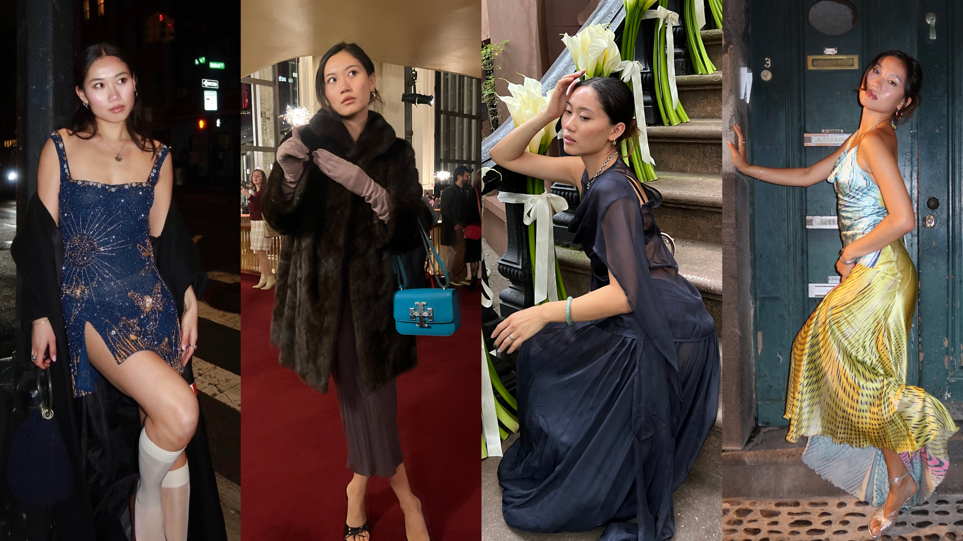 a collage of vivian li in black-tie dresses