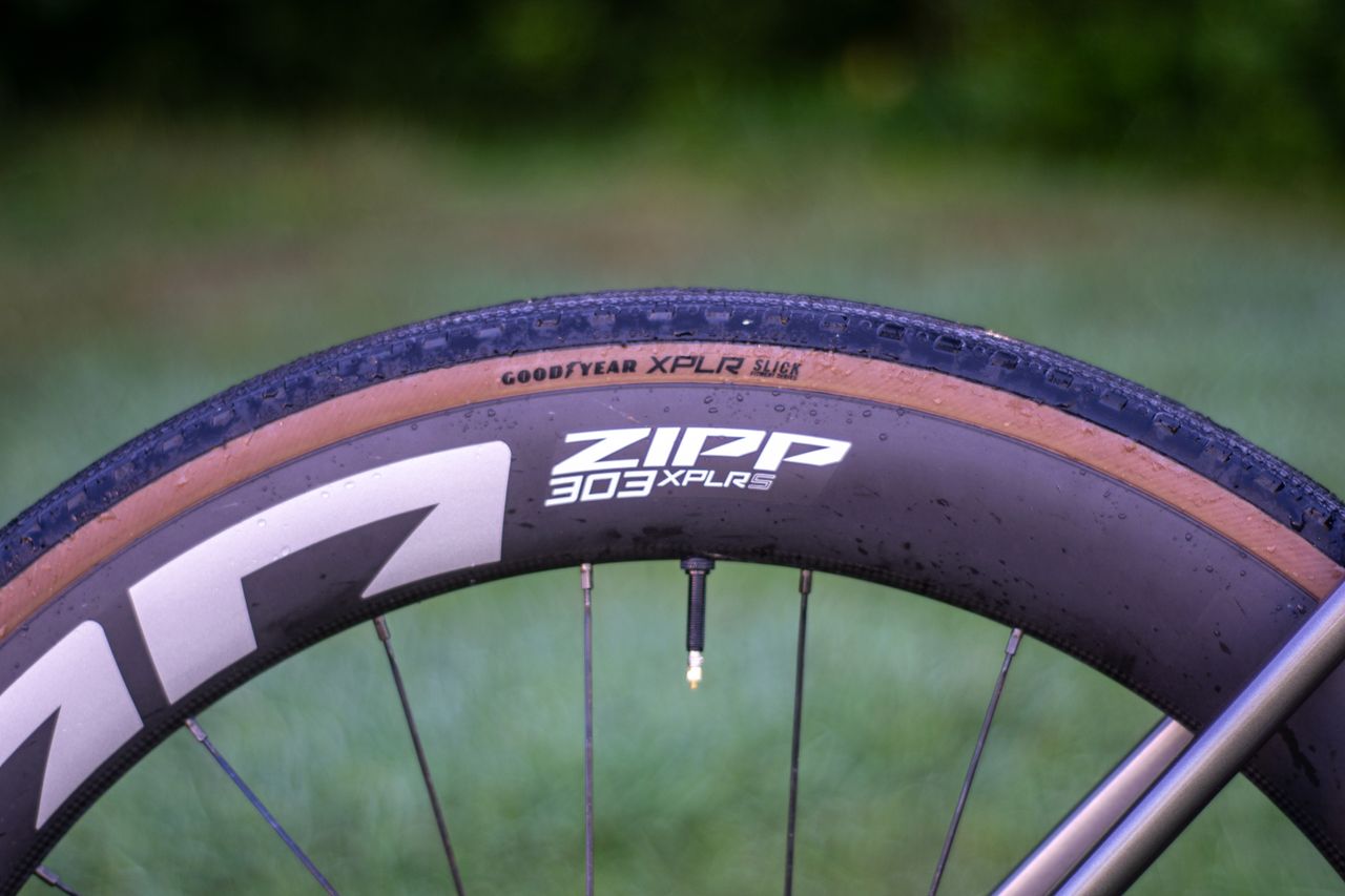A Zipp wheel and GoodYear tyre fitted to a Merida Mission bike
