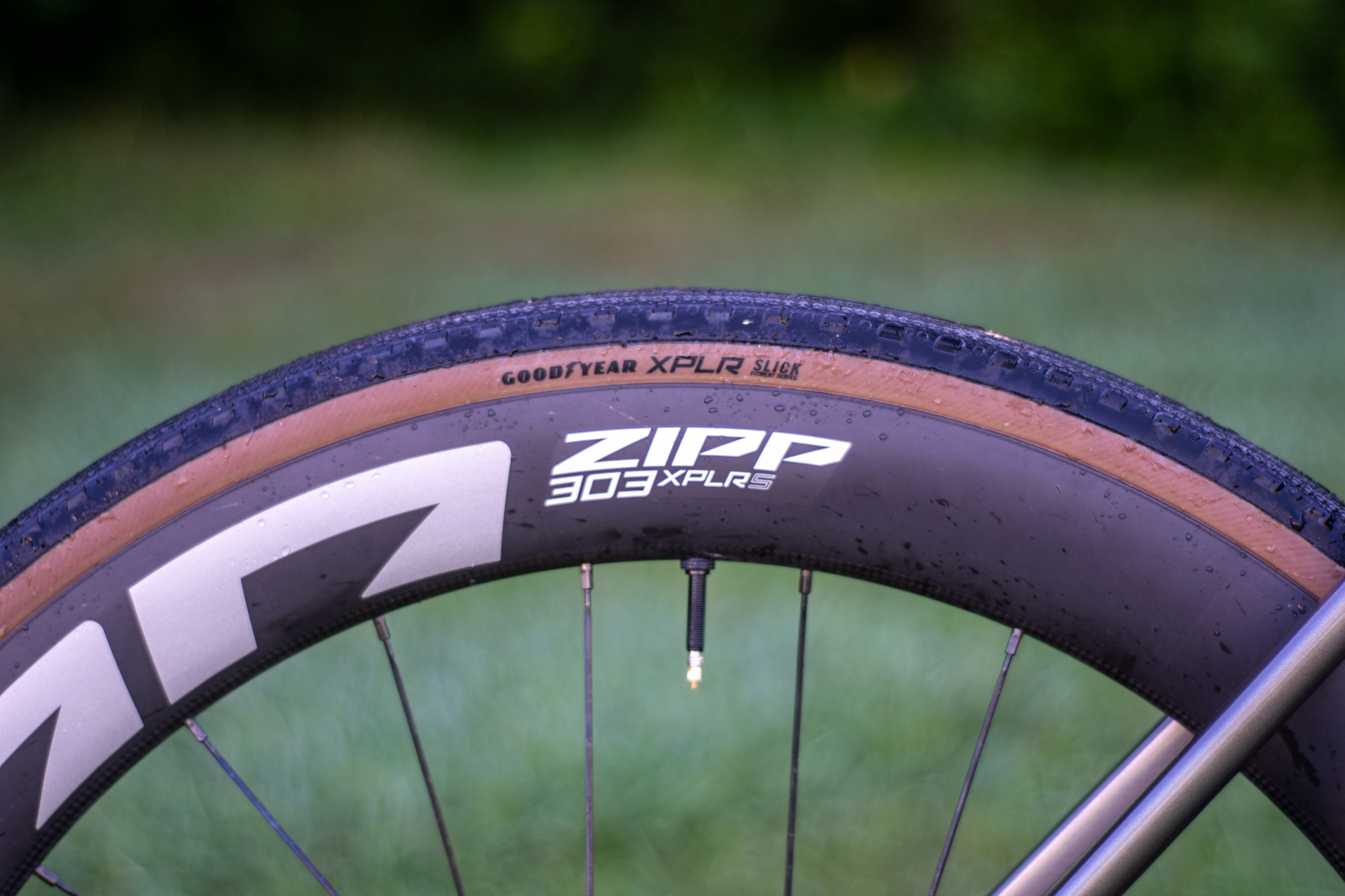 A Zipp wheel and GoodYear tyre fitted to a Merida Mission bike 