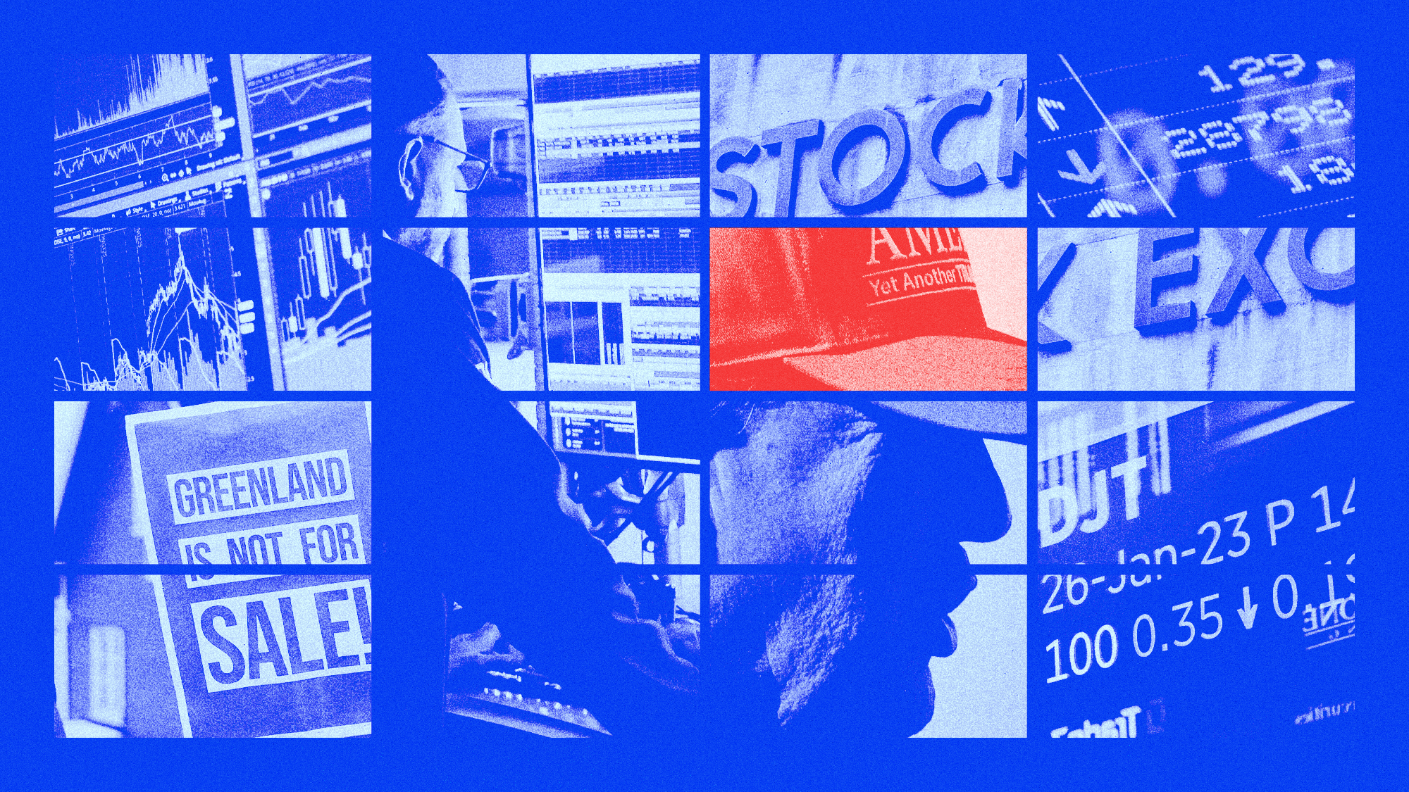 Photo composite illustration of losses at the New York stock exchange, Donald Trump and a Greenland protest sign