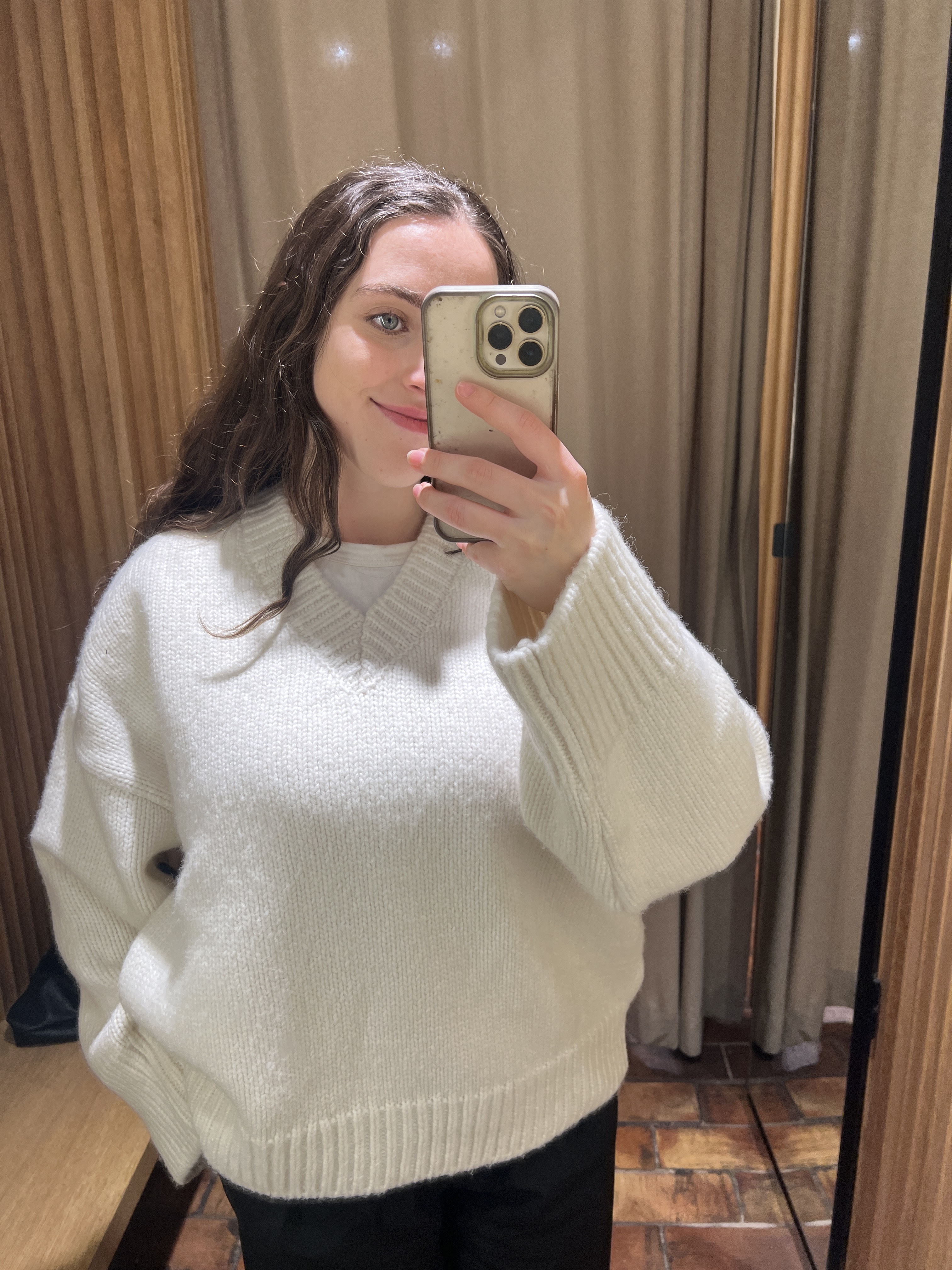 A collage ofBest Knockoff Luxury Clothing
&#039;s Ava Gilchrist wearing a wool jumper from Mango.