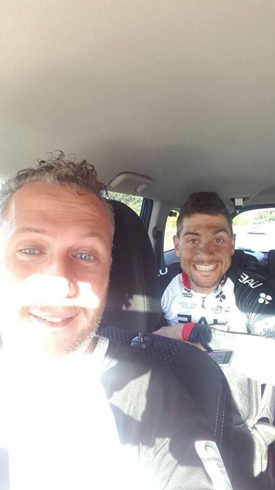 Andrea Guardini hitches a ride to the end of Paris-Roubaix.