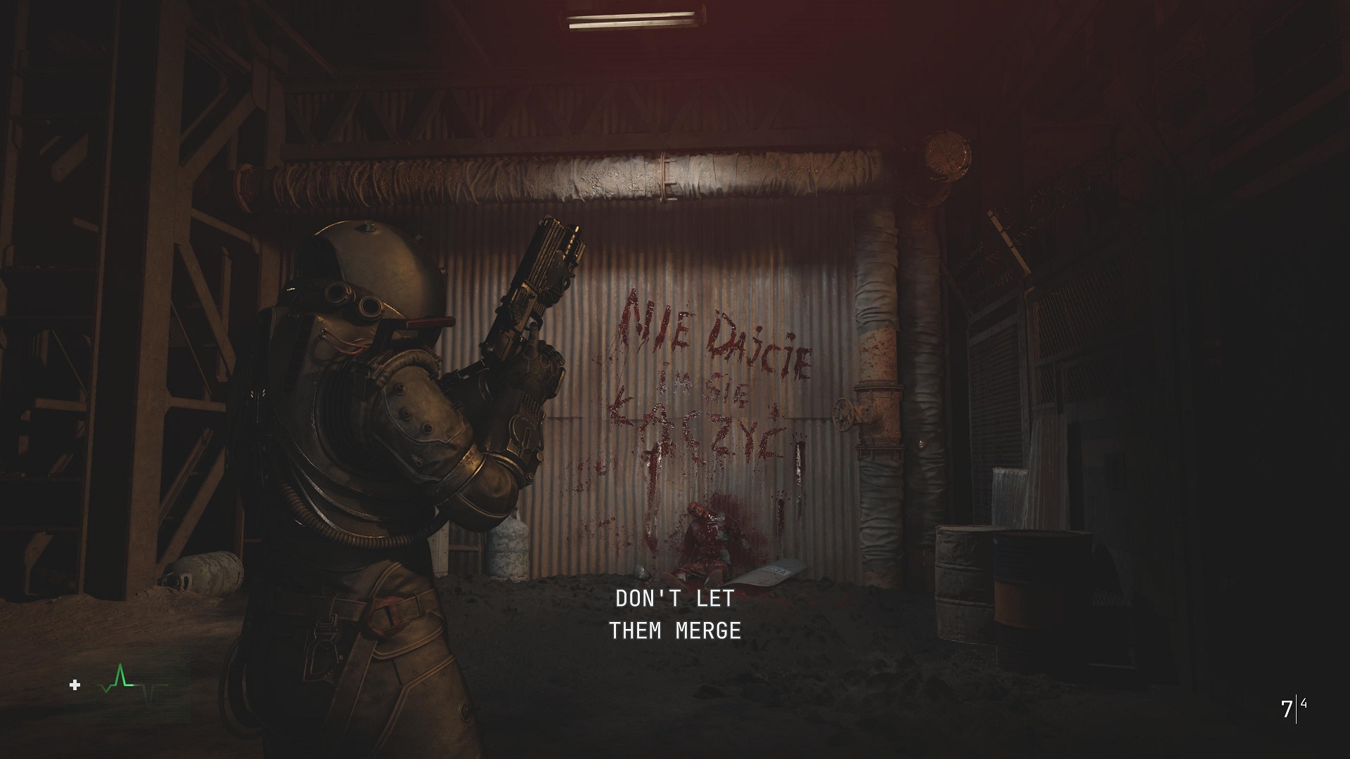 The main character from Cronos looking at a message written in blood on the wall