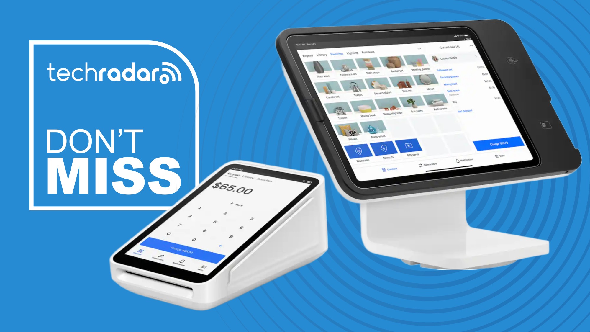 Two Square point-of-sale systems on a blue background next to a TechRadar badge that reads 'Don't Miss'