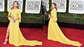jennifer lopez in a yellow gown with cape at the 2016 golden globes