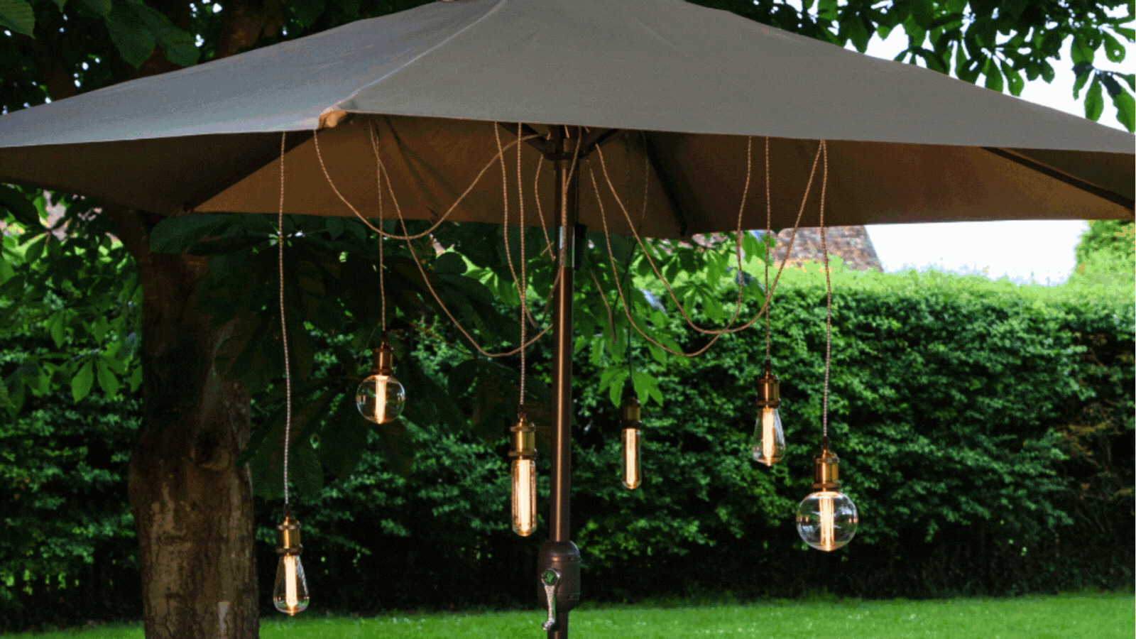 Rotating images of different outdoor umbrella lights.