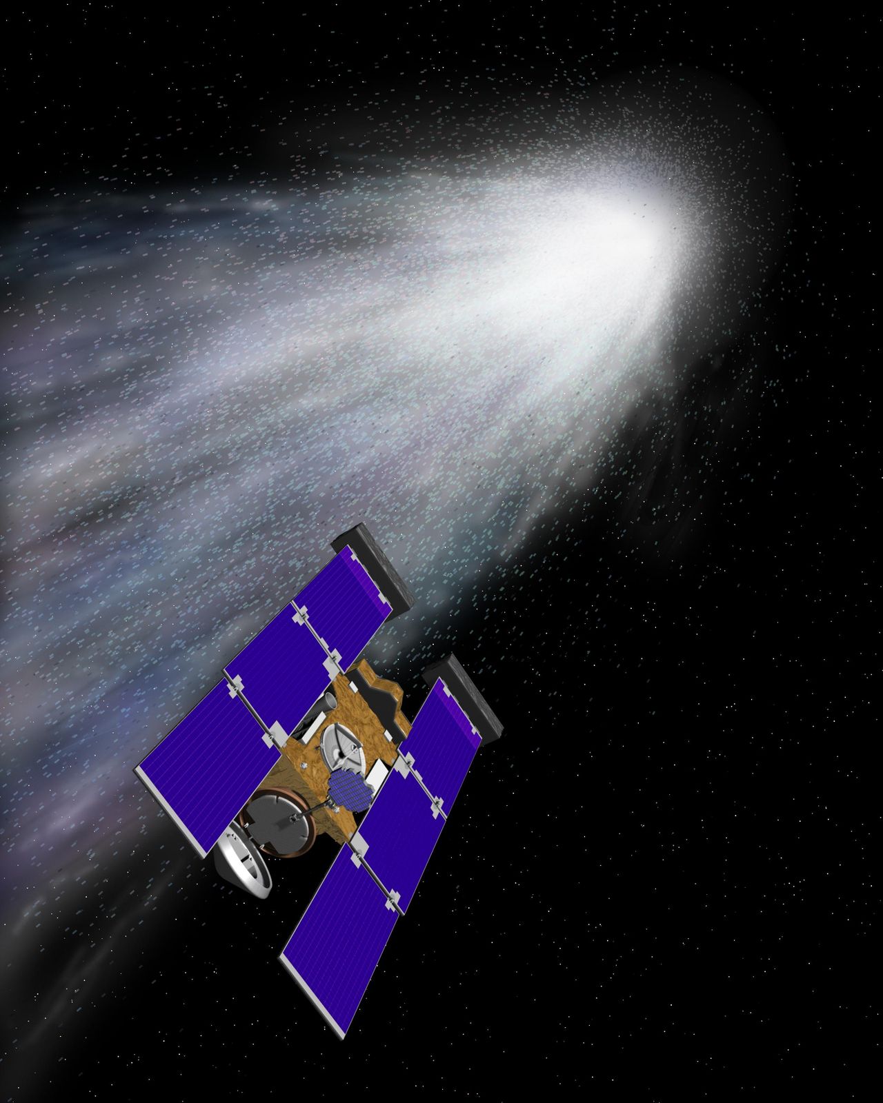 Artist's concept of NASA's Stardust spacecraft flying by Comet 81P/Wild.