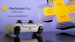 Playstation 5 controller with Playstation Plus Collection on screen, selective focus.