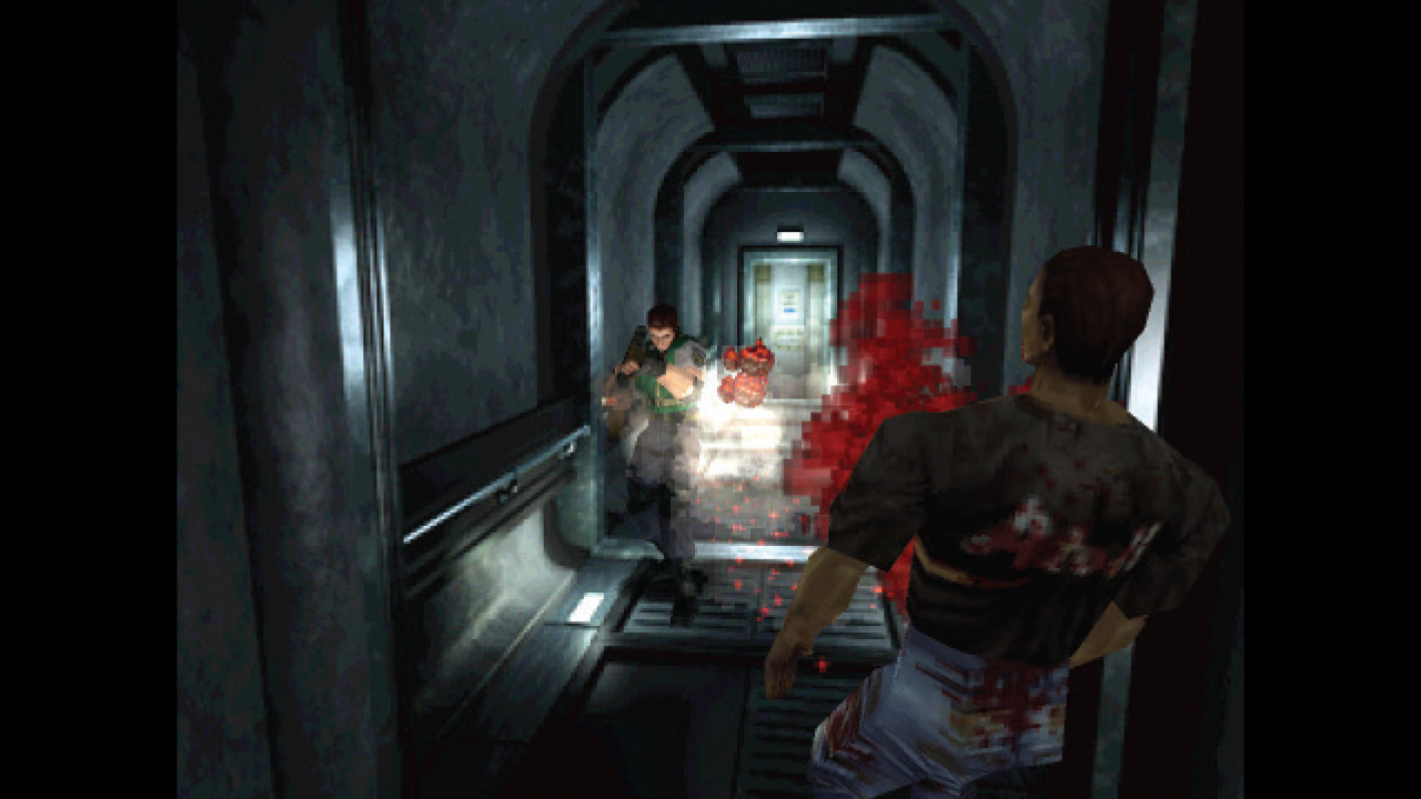 Blasting a zombie in a lab hallway in Resident Evil 2's Extreme Battle Mode
