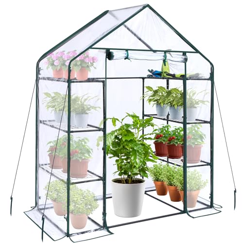 Ohuhu Small Greenhouse for Outdoors: 4 Tiers 6 Shelves Walk-In Indoor Green House Heavy Duty Plant Stands Reinforced Plastic Pvc Cover Mini Portable Warm House for Outside, 4.8x2.5x6.4 Ft