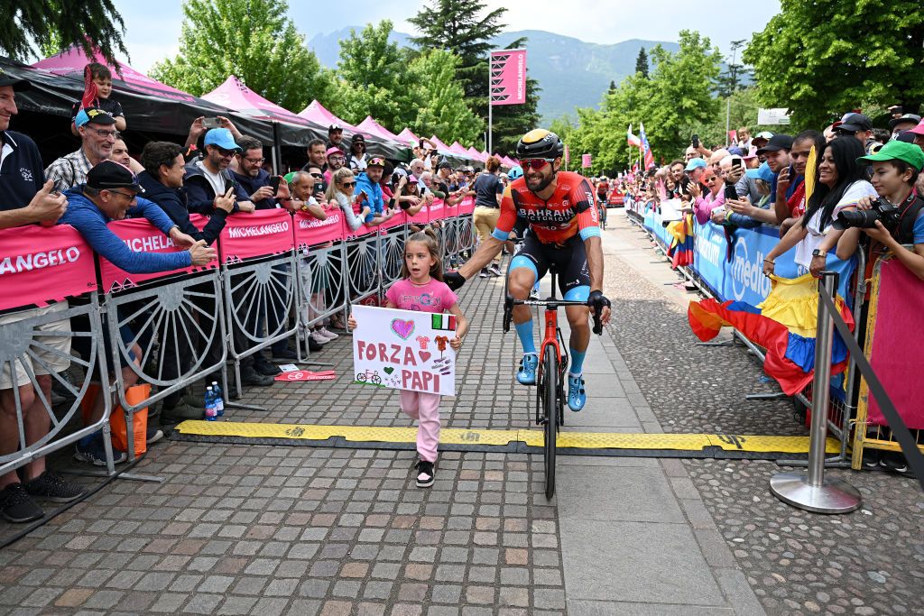 PERGINE VALSUGANA ITALY MAY 24 Andrea Pasqualon of Italy and Team Bahrain Victorious and his daughter prior to the 106th Giro dItalia 2023 Stage 17 a 197km stage from Pergine Valsugana to Caorle UCIWT on May 24 2023 in Pergine Valsugana Italy Photo by Stuart FranklinGetty Images