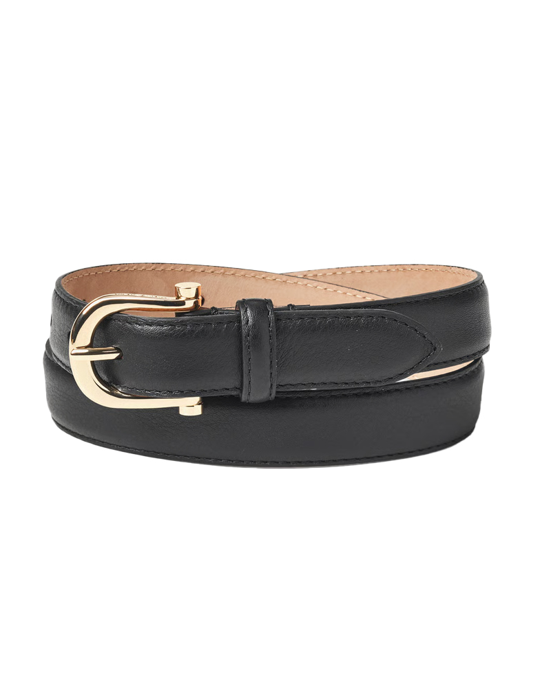 black leather belt with gold buckle