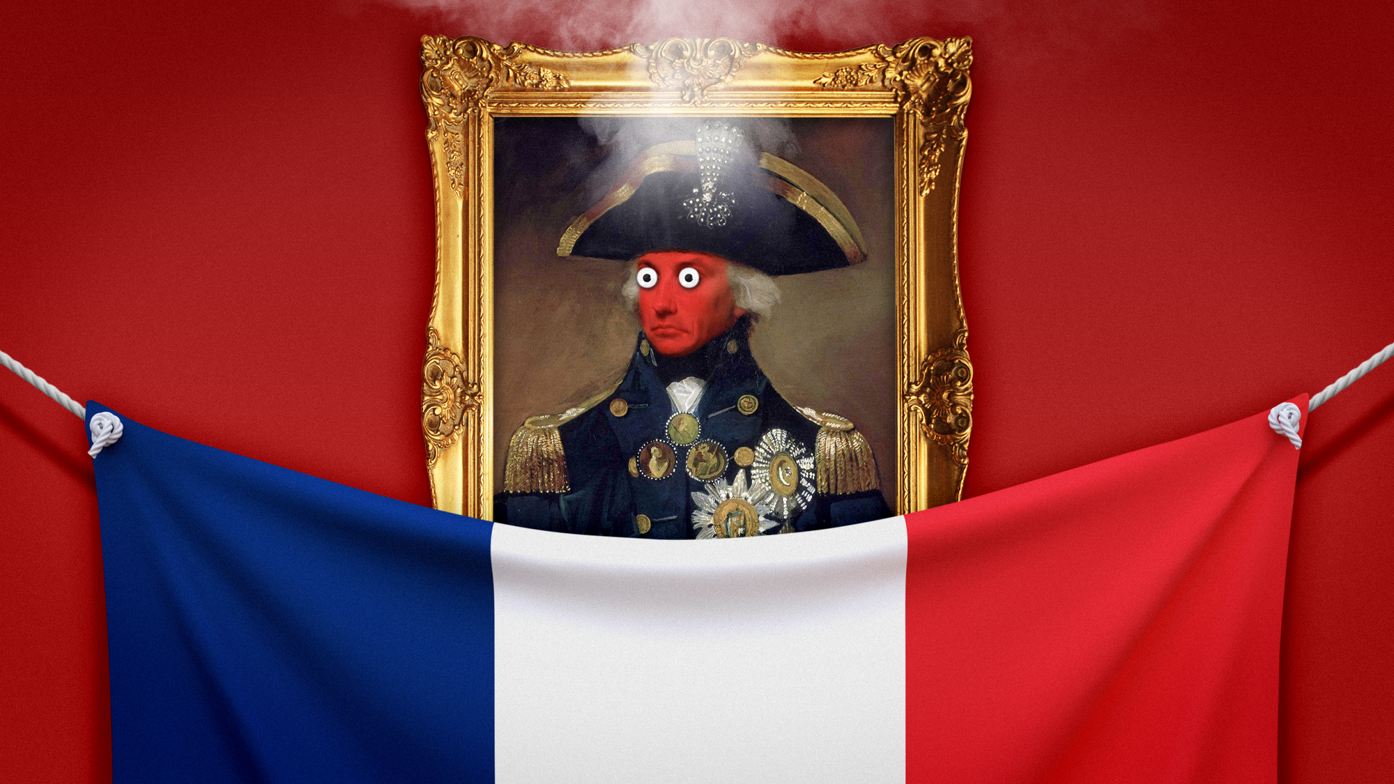 Illustration of a French flag covering a furious portrait of Horatio Nelson