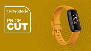 Orange Fitbit Inspire 3 on yellow background with price cut sign