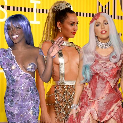 collage of the most memorable celebrity red carpet looks at the MTV Video Music Awards