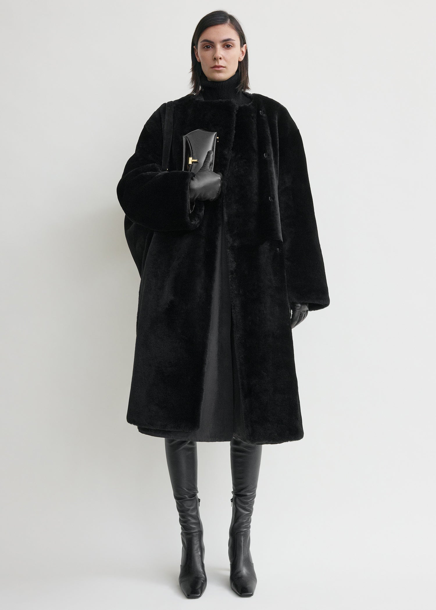 Collarless Shearling Coat Black