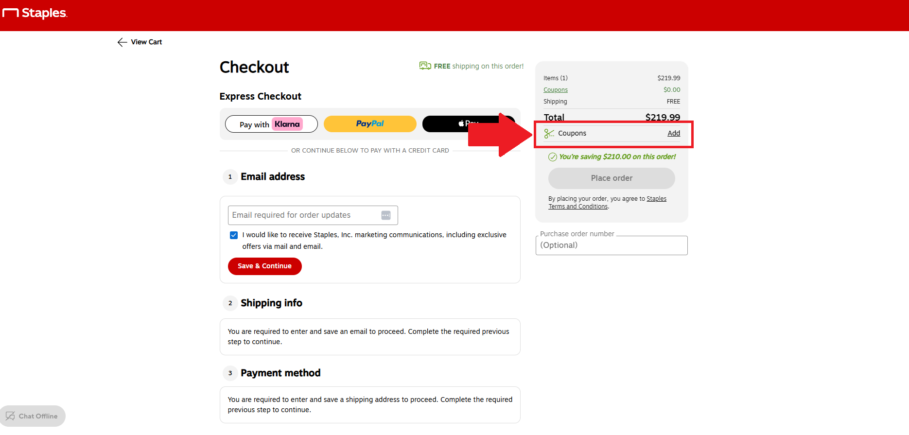 A screenshot of the staples checkout screen showing where to enter a staples promo code