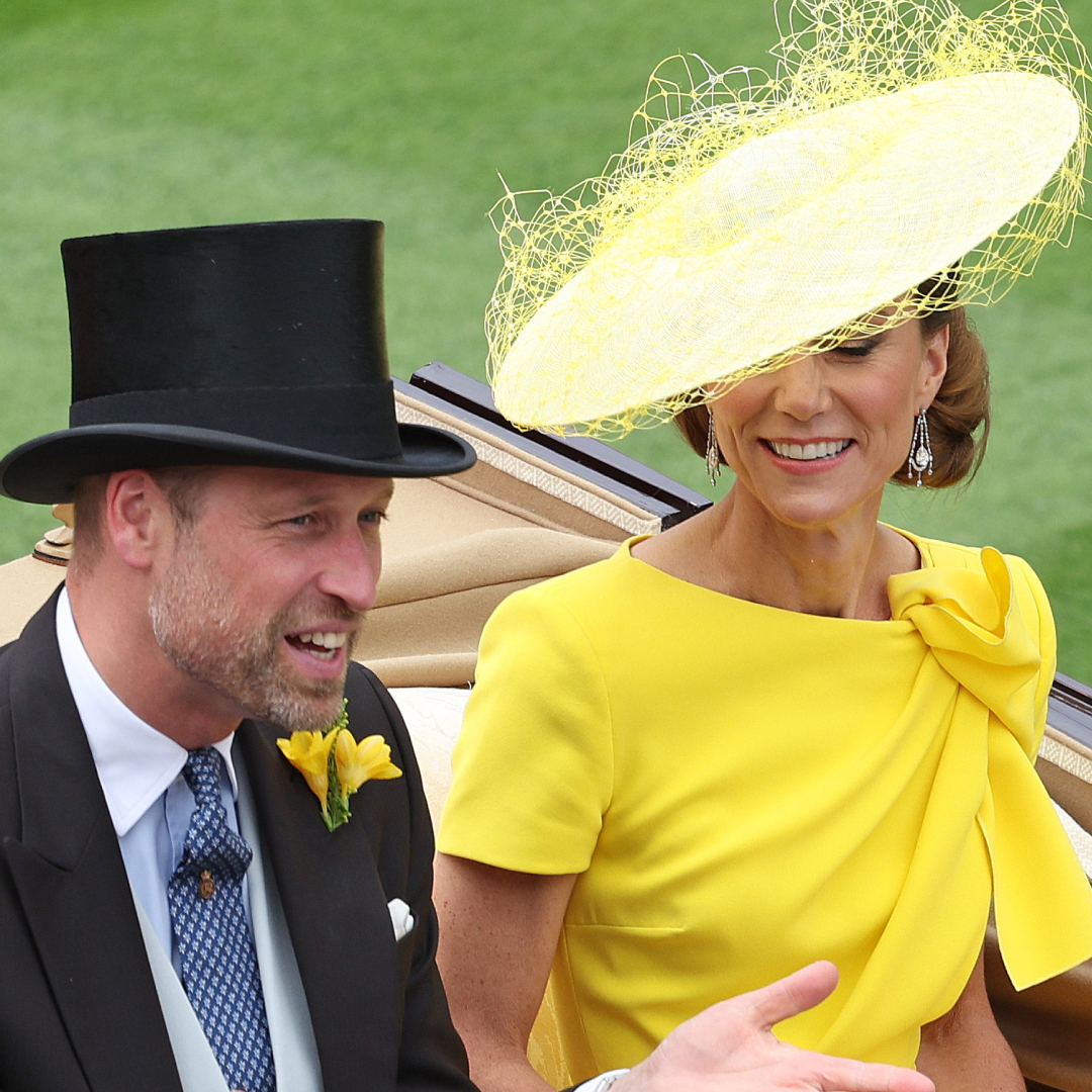 Princess Kate arriving at Royal Ascot 2026 Day 2 wearing a bright canary yellow dress and matching hat, while husband Prince William rides in the carriage in a top hat