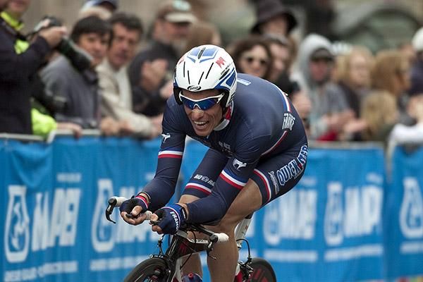Sylvain Chavanel from France corners into the home straight in Geelong.