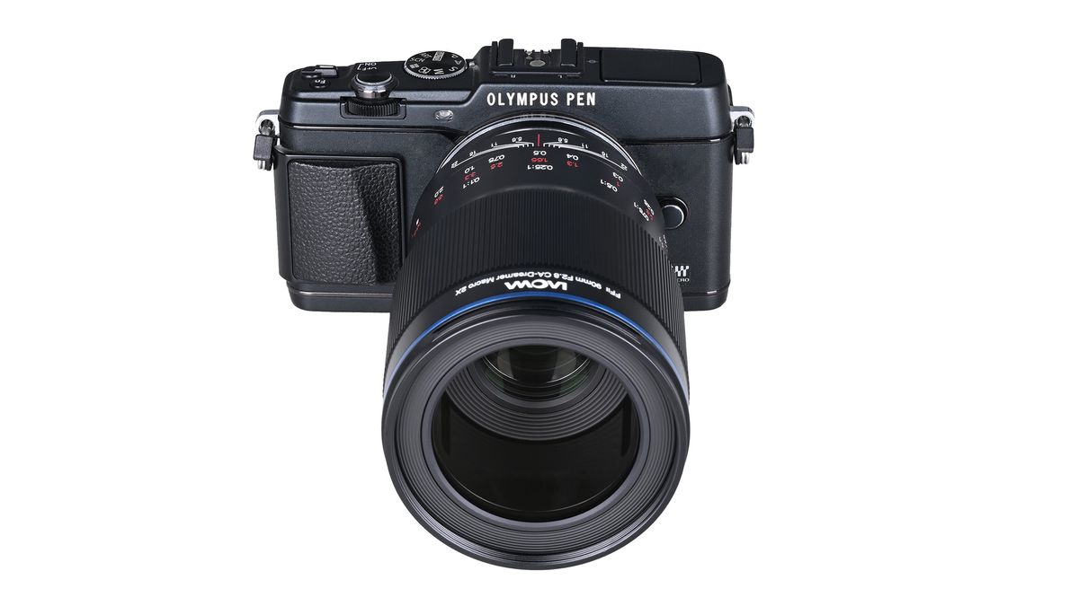 A black Laowa digital camera lens attached to an Olympus camera.