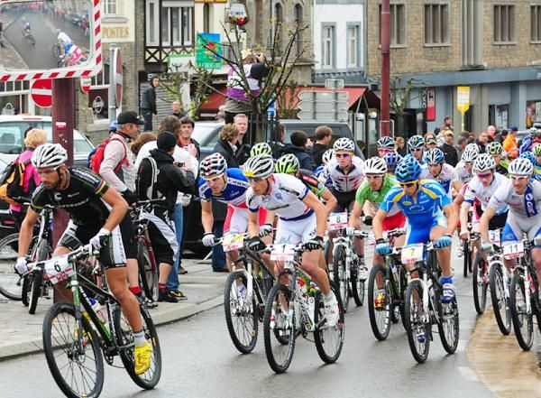 Elite men's uphill start at the World Cup in Houffalize, Belgium.