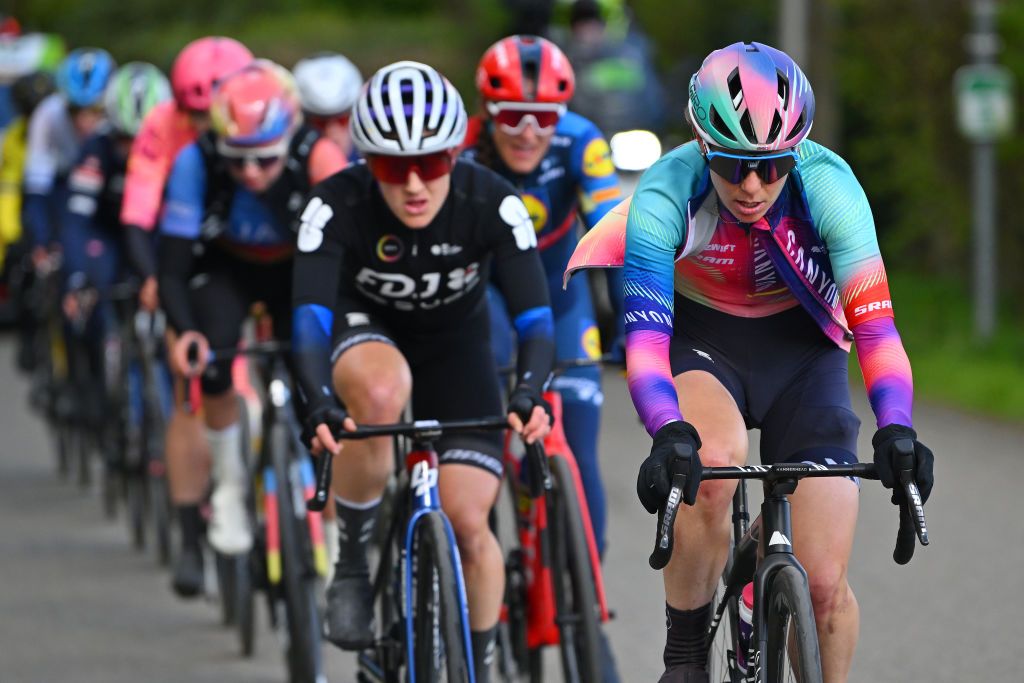 LIEGE BELGIUM APRIL 24 Elise Chabbey of Switzerland and Team CanyonSRAM Racing competes in the breakaway during the 8th Liege Bastogne Liege Femmes 2024 a 1529km one day race from Bastogne to Liege UCIWWT on April 24 2024 in Liege Belgium Photo by Luc ClaessenGetty Images