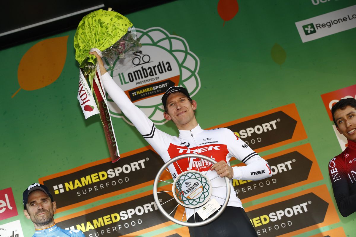 Trek-Segafredo's Bauke Mollema celebrates victory at the 2019 Il Lombardia