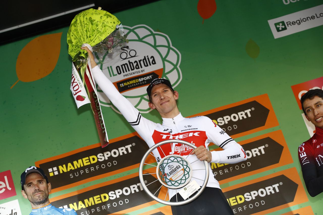 Trek-Segafredo's Bauke Mollema celebrates victory at the 2019 Il Lombardia