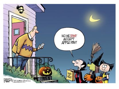 Editorial cartoon Halloween Apple Pay trick or treat