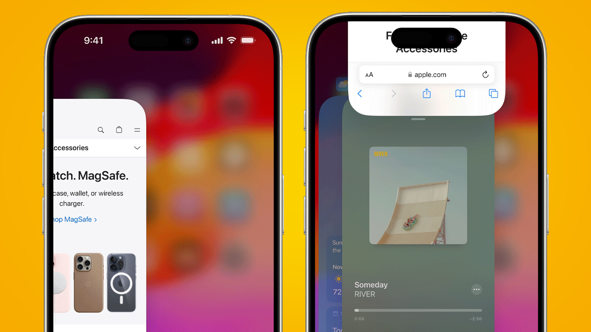 Dva iPhony na oranžovom pozadí zobrazujúce zatvorené aplikácie