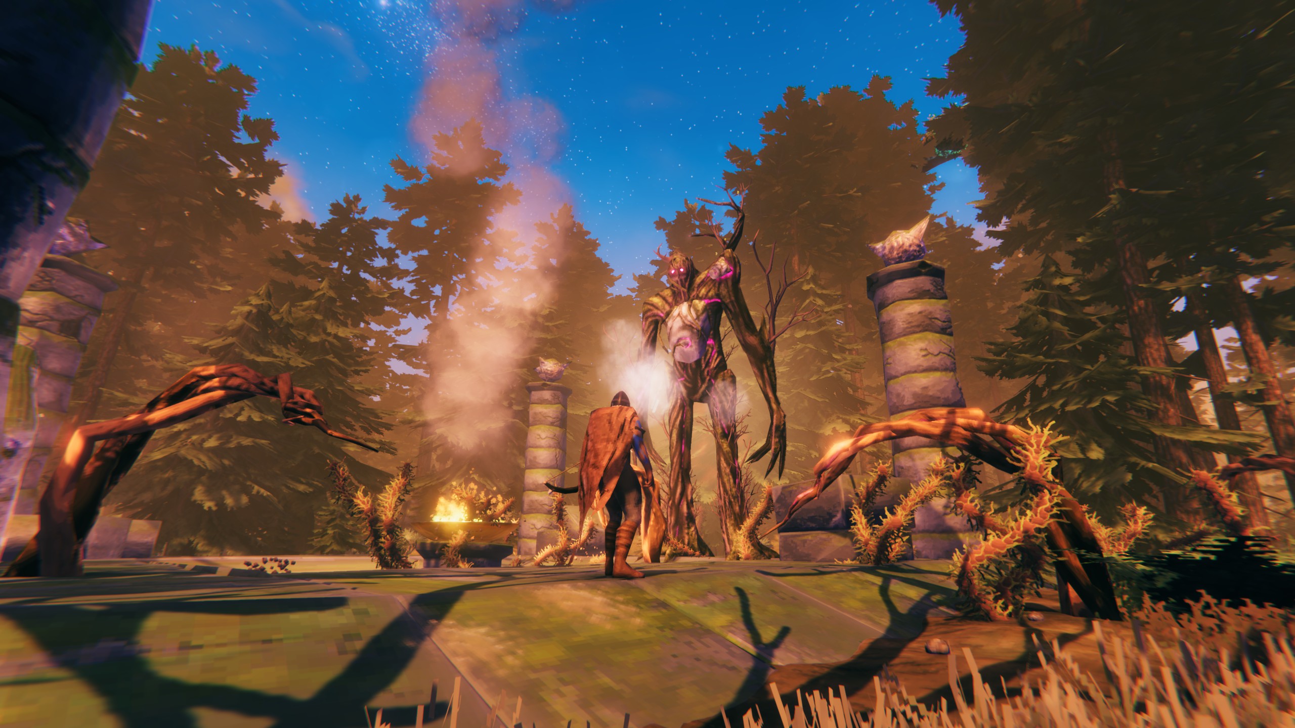 Viking fighting a tall wooden boss monster