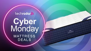 DreamCloud mattress with Cyber Monday mattress deals graphic overlaid