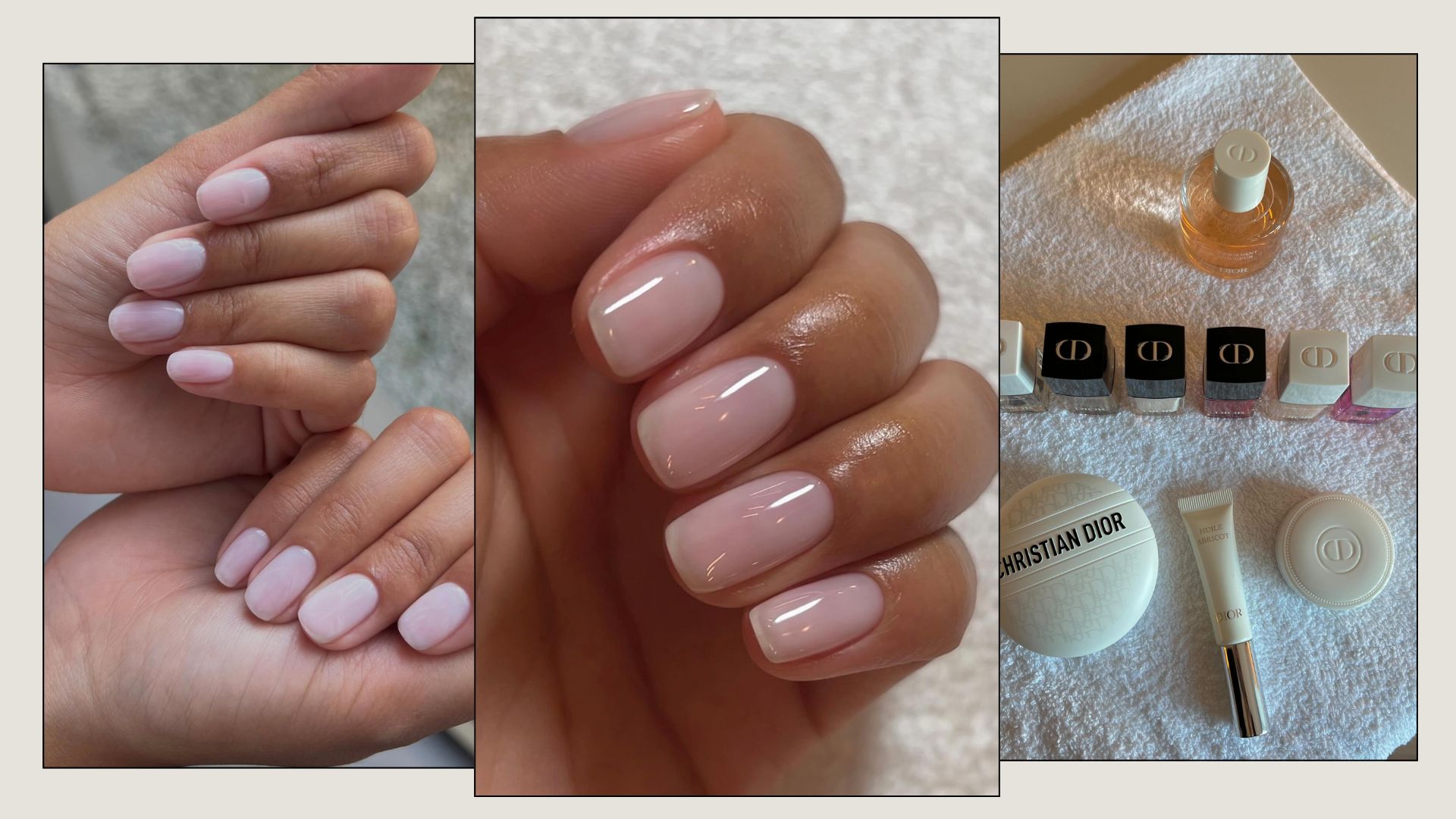 A collage of manicured hands and nail prep products