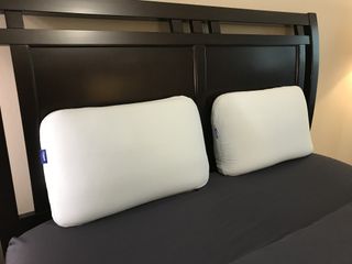 Two Casper Hybrid Snow Pillows resting against a headboard