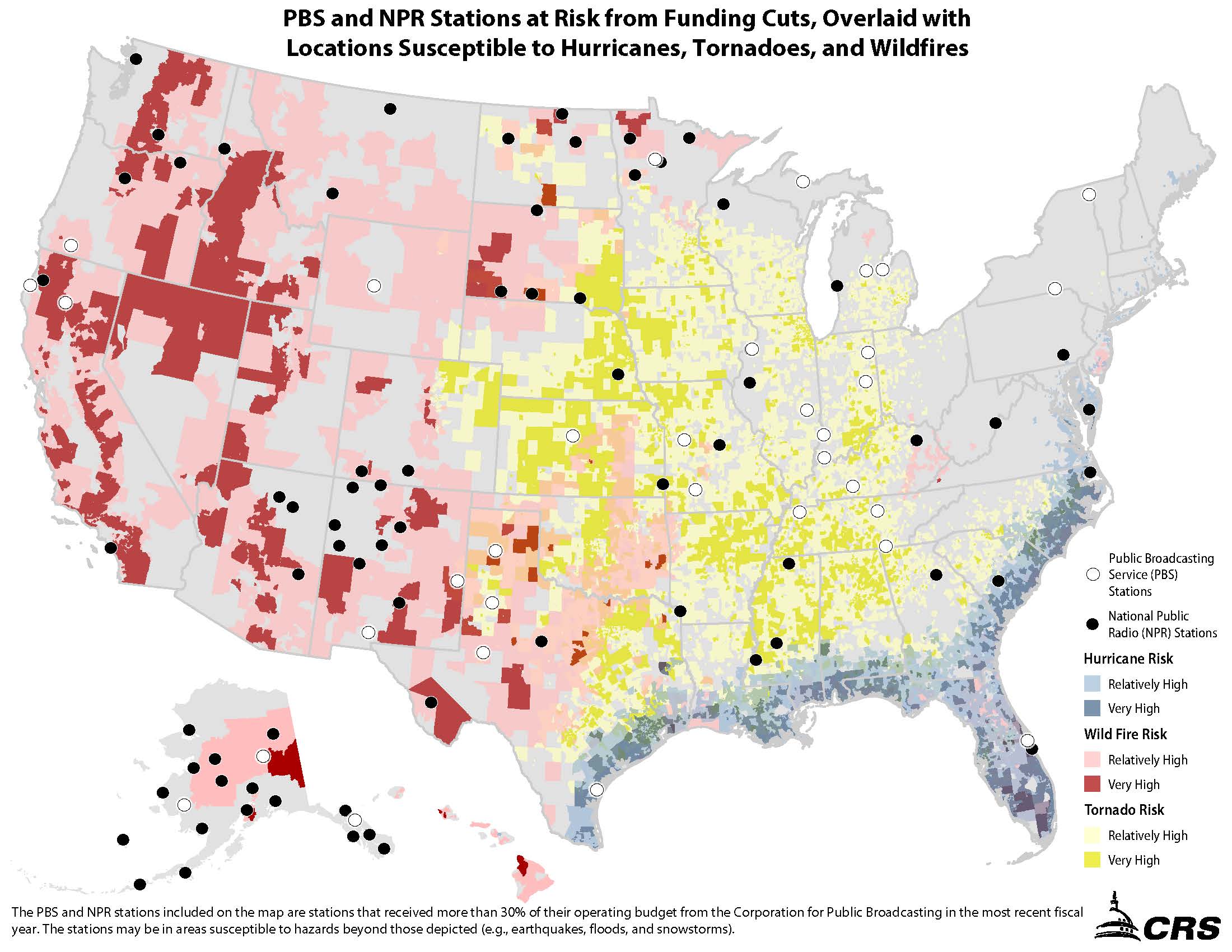Map show areas where cuts in public funding could hurt emergency alert efforts during emergencies.