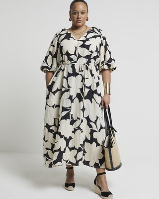 Plus Black Floral Belted Midi Dress