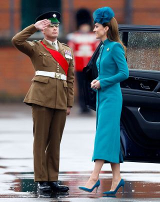 Catherine, Princess of Wales (in her role as Colonel of the Irish Guards) arrives in her Range Rover car to attend the 2023 St. Patrick's Day Parade at Mons Barracks on March 17, 2023.