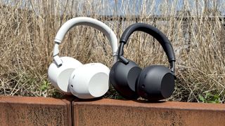 Black and white models of the Sony WH-1000XM6 noise-cancelling headphones outdoors in sunshine